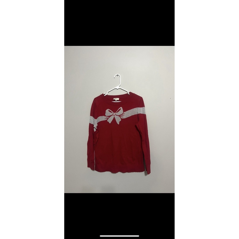 LOFT Womens Red  Bow Graphic Crewneck Sweater Holiday Christmas XL